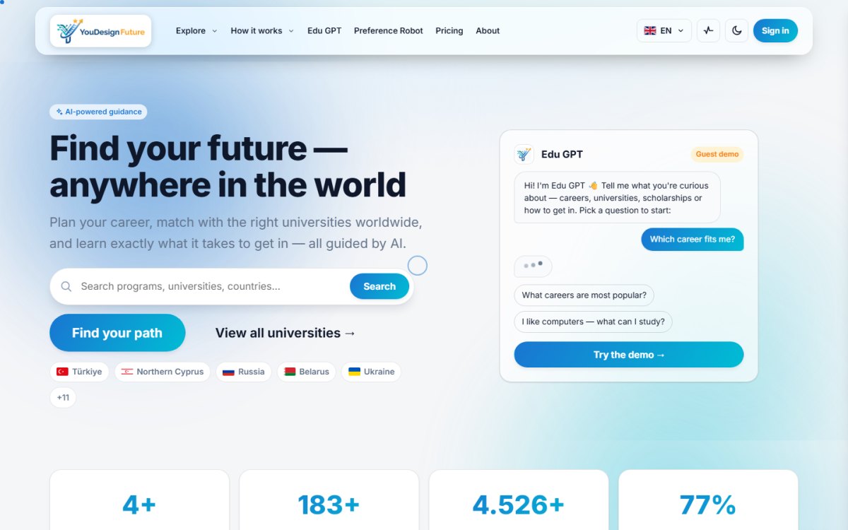 YouDesignFuture — منصّة إرشاد جامعي ومهني مدعومة بالذكاء الاصطناعي